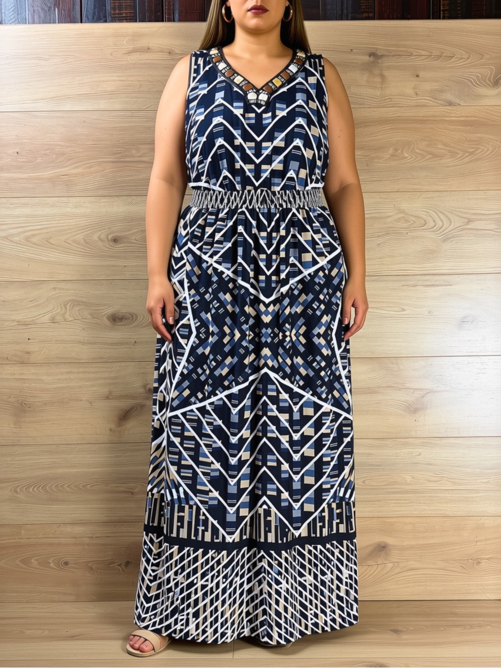 NY Collection Beaded Geometric V-Neck Maxi Dress 2X